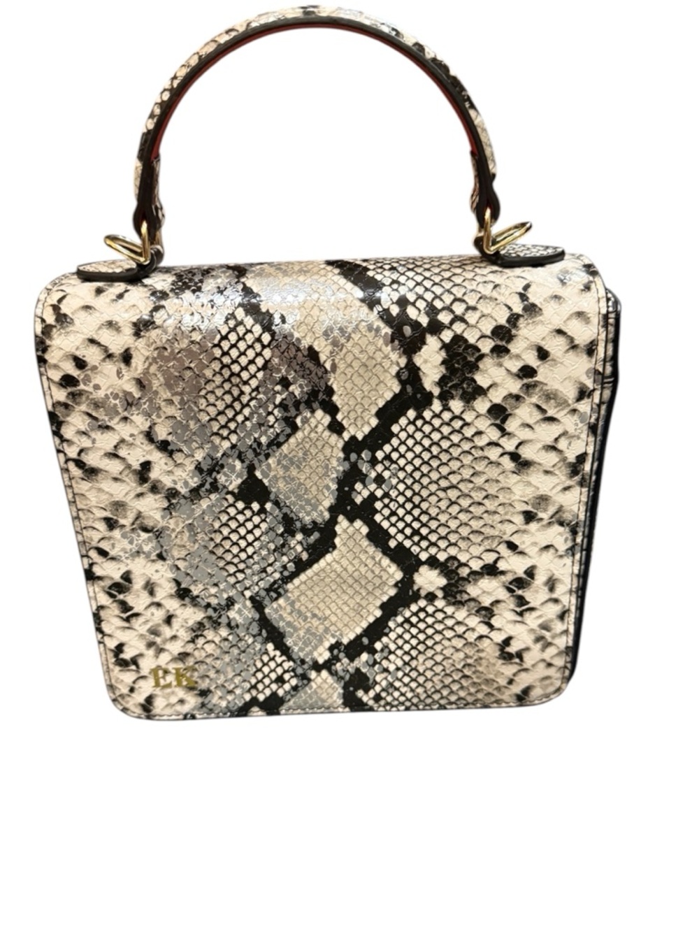 Structured Snake-Print Top Handle Satchel in Cream & Black - Picture 2 of 6